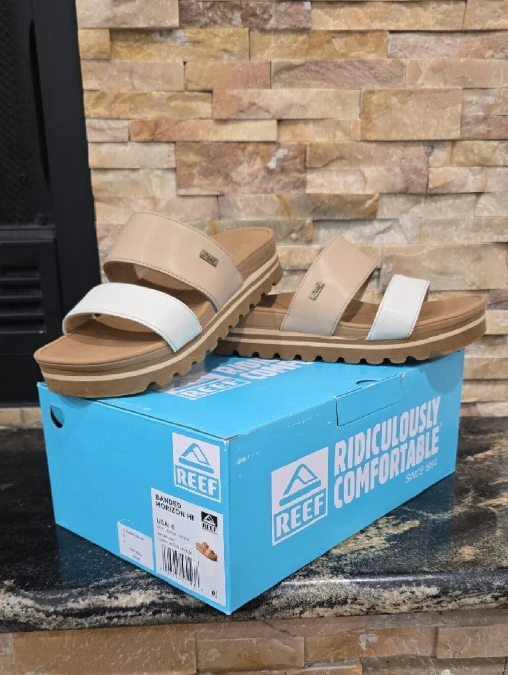 Reef Two-Band Slide Sandal in Beige and White